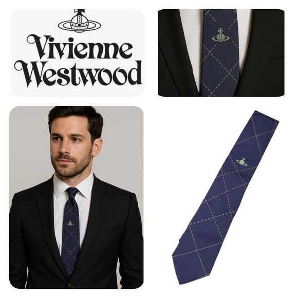 Vivienne Westwood Necktie Navy Blue skull Silk100% Made In Italy Tip - Picture 9 of 10